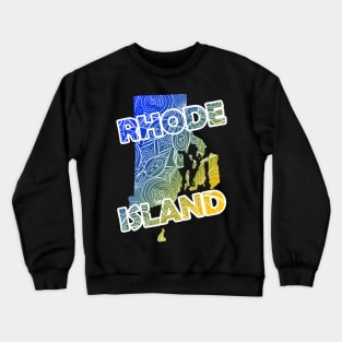 Colorful mandala art map of Rhode Island with text in blue and yellow Crewneck Sweatshirt